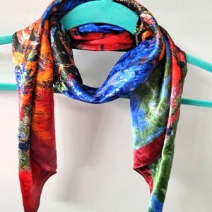 Floral Vase Silky Satin Square Scarf Watercolor Burgundy, Blue, Green Flowers